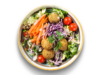 Plate with a salad made of different salad leaves, carrot sticks, cherry tomatoes, red cabbage and falafel