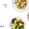Collage of Bell Food Group logo and plates with salad, plate with pasta and plate with meat