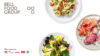 Collage of Bell Food Group logo and plates with salad, plate with pasta and plate with meat